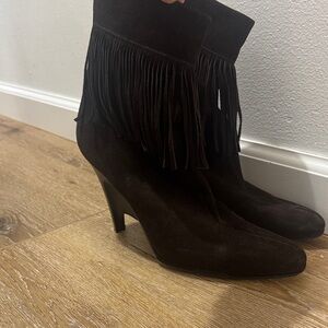 Helmut Lang Fringe Suede Heeled Boots - Dark Brown